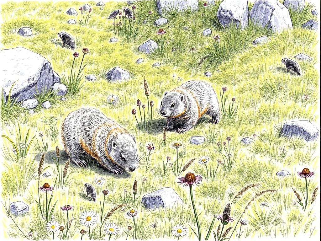 Murmeltiere Alpen bei der Nahrungssuche